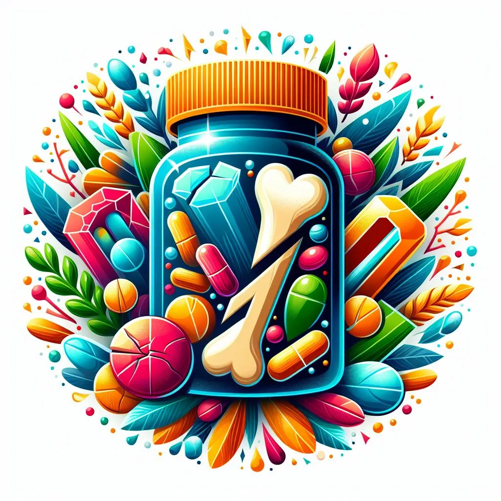 Ilustración de un frasco de suplementos junto a un hueso y cápsulas de colores
