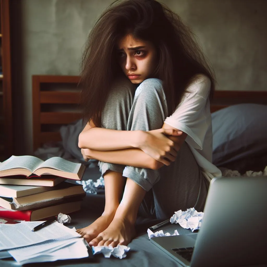 Mujer sentada en su cama, abrazando las rodillas, rodeada de libros y papeles, con gesto de ansiedad