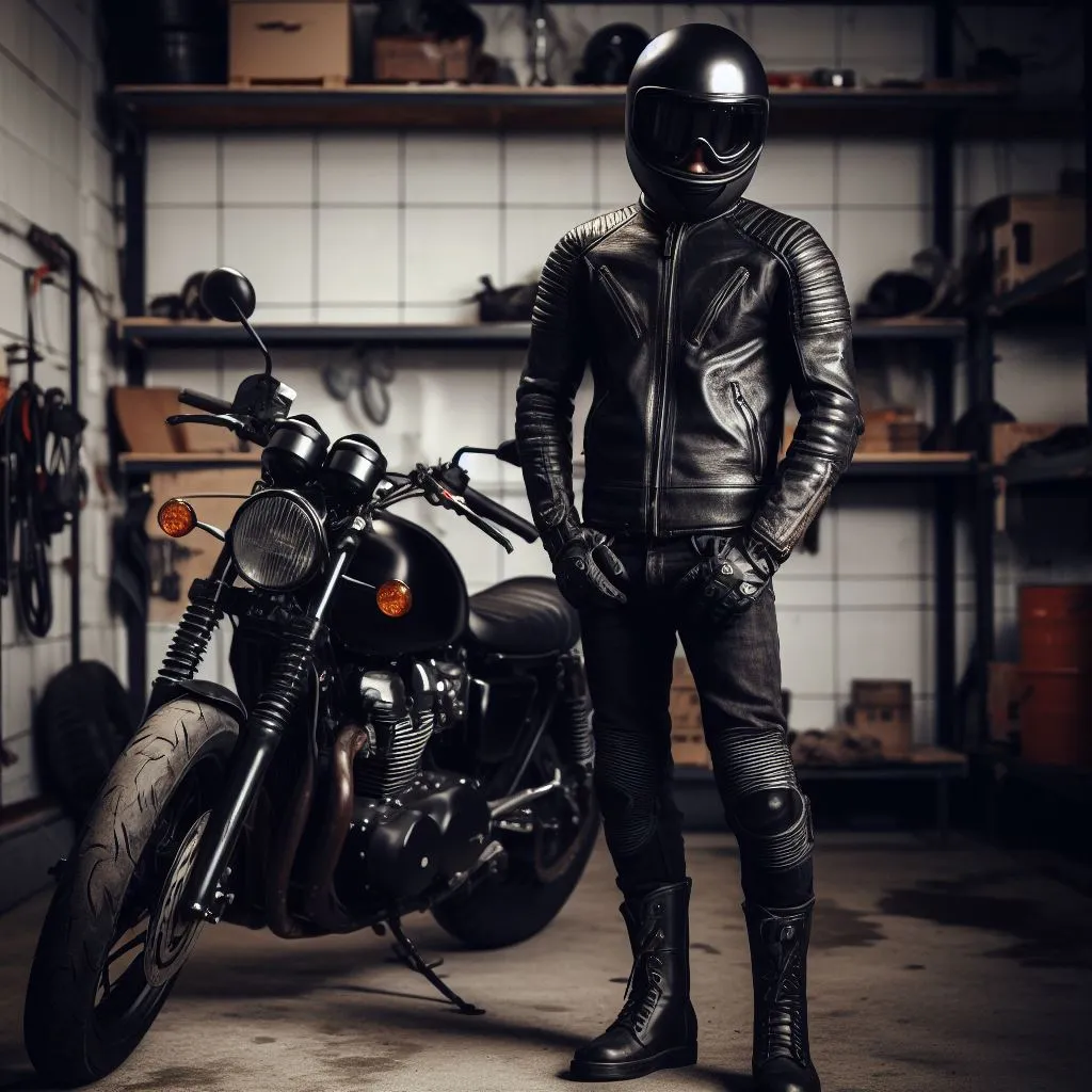Motociclista con casco cerrado, chamarra, guantes, pantalón y botas de piel negros, de pie junto a su moto en un taller