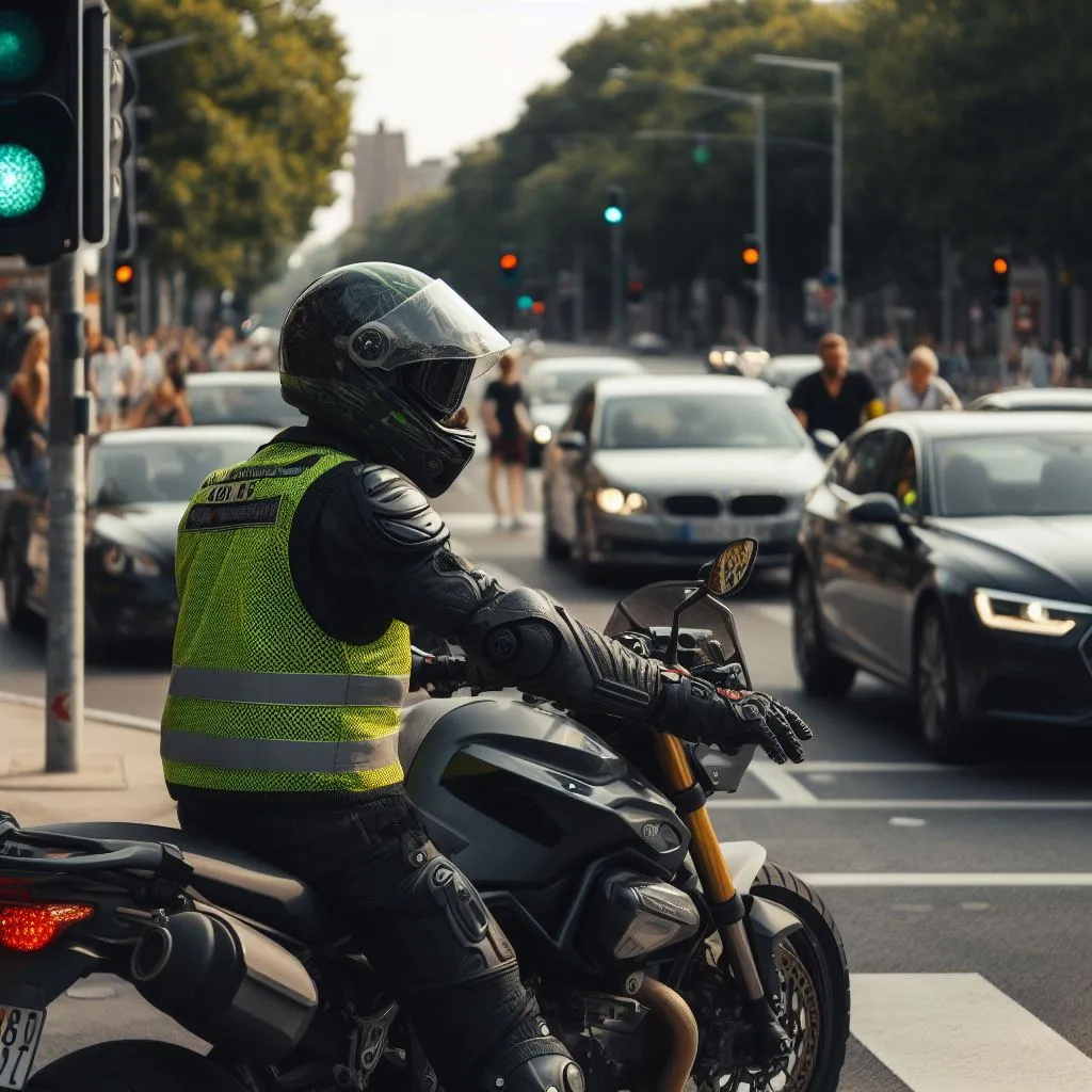 Motociclista con casco y chaleco reflejante amarillo detenido entre autos en un cruce de ciudad, con el semáforo en verde