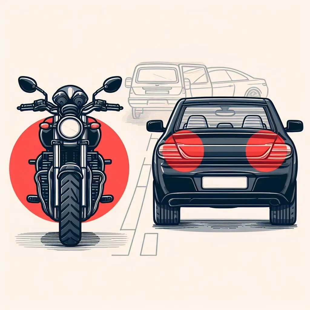 Ilustración de una motocicleta y un automóvil vistos por detrás, con círculos rojos que marcan los puntos ciegos del auto