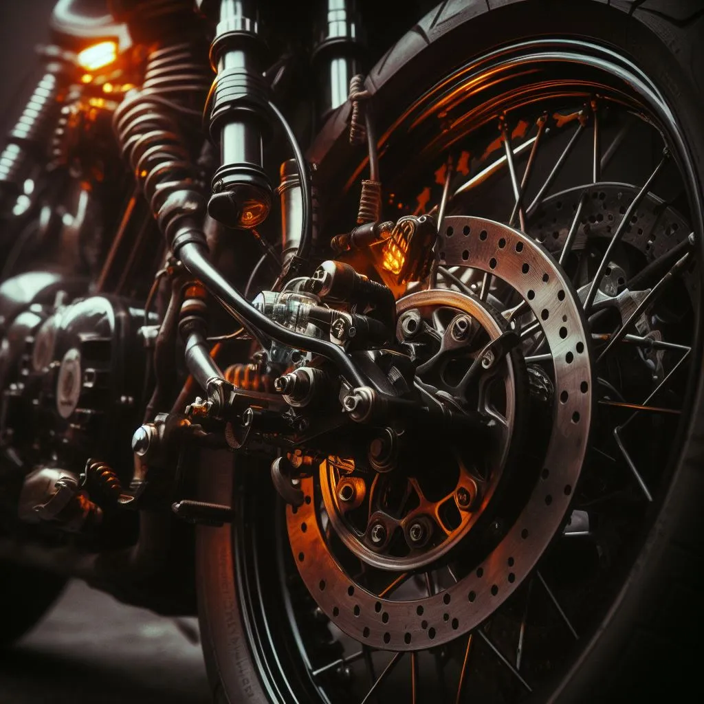 Acercamiento al disco de freno y la rueda delantera de una motocicleta