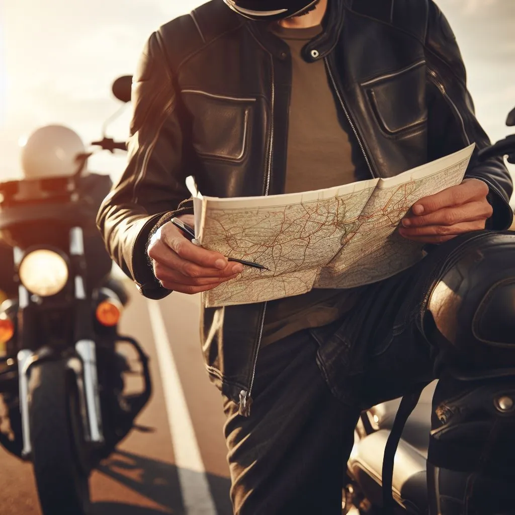 Motociclista con chamarra de piel consultando un mapa de papel junto a su moto