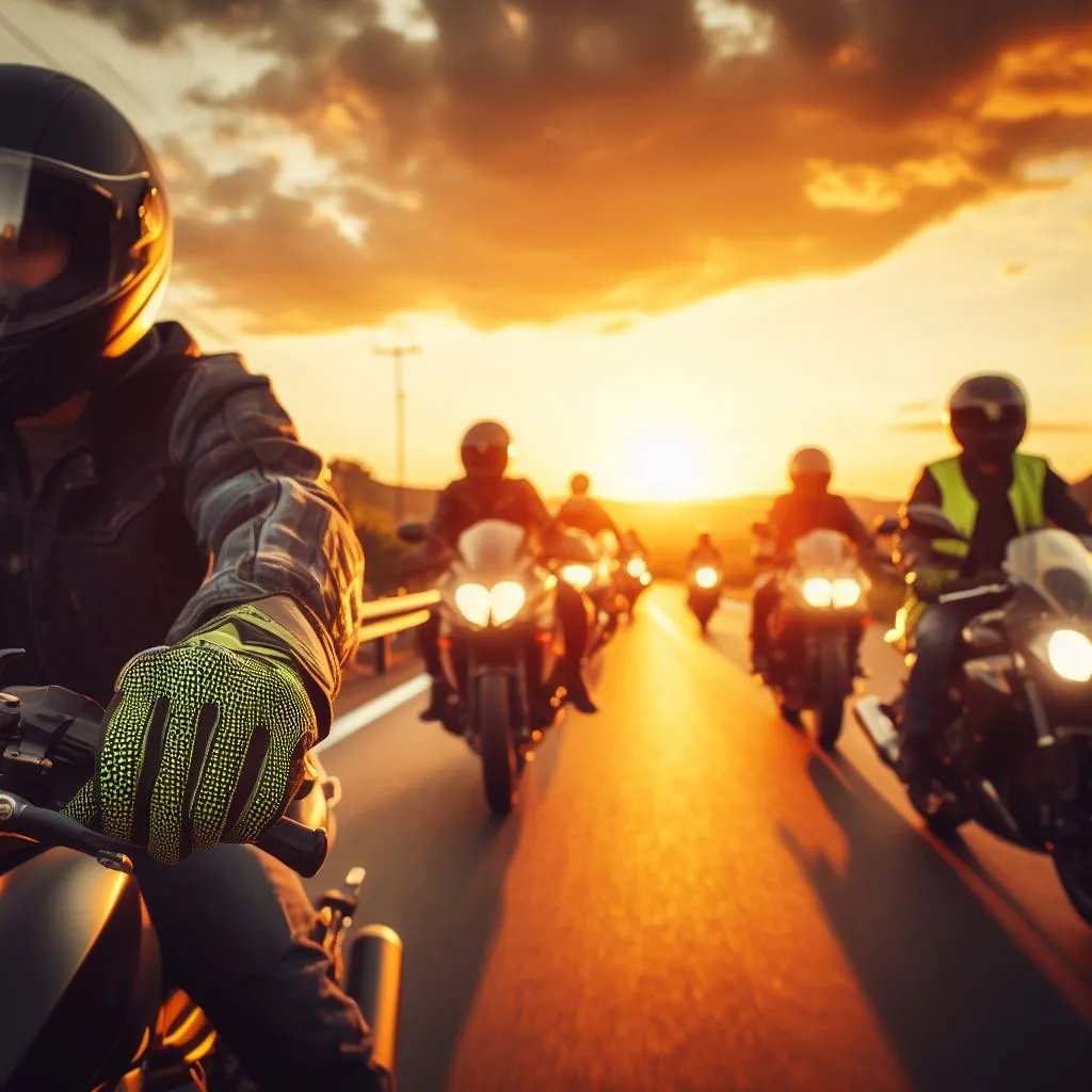 Grupo de motociclistas circulando en carretera al atardecer, con las luces encendidas