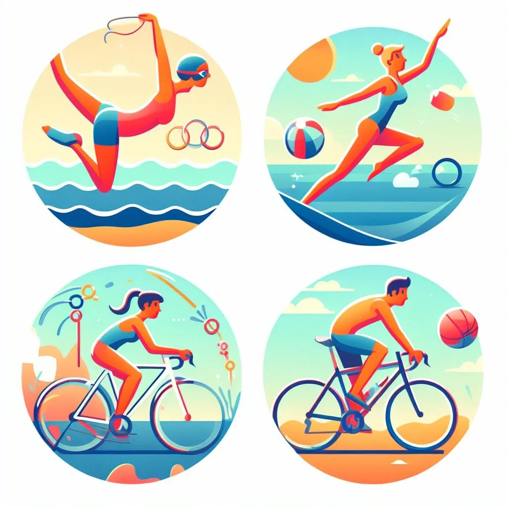 Cuatro personas haciendo distintas actividades de bajo impacto: una nadando, otra corriendo y dos en bicicleta