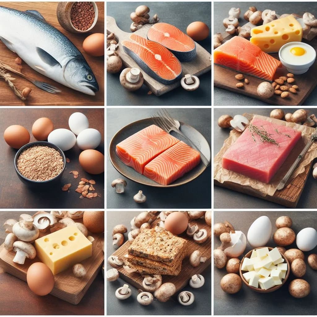 Alimentos con vitamina D: salmón, atún, huevo, hongos y queso