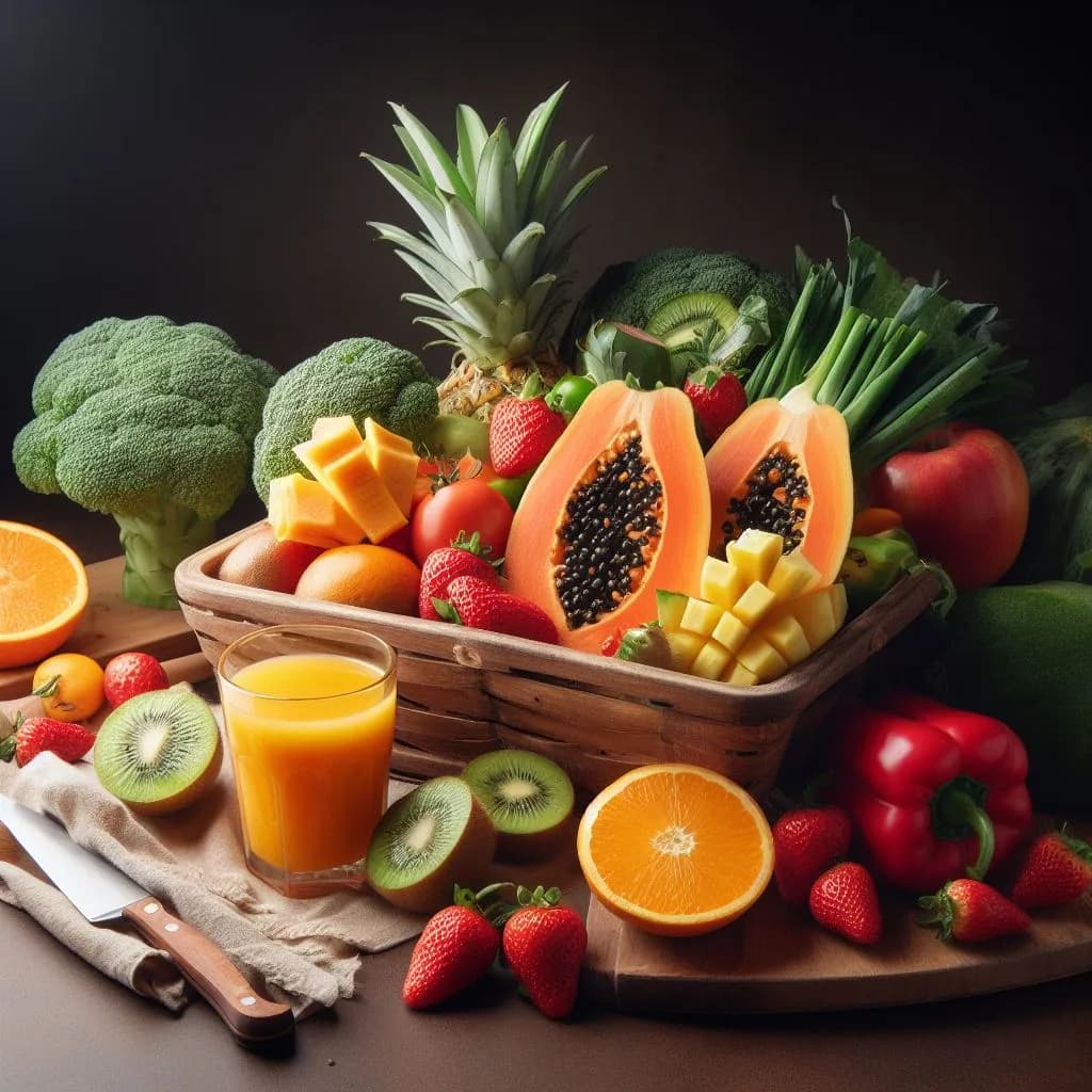 Frutas y verduras con vitamina C: naranja, kiwi, fresa, papaya, piña, pimiento y brócoli