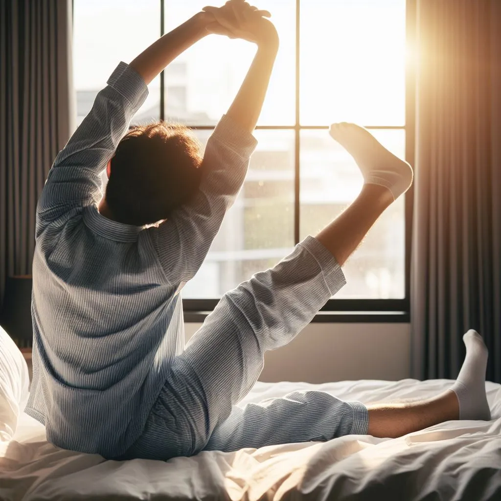 Persona en pijama estirándose en la cama, con los brazos arriba y una pierna levantada, a contraluz de una ventana