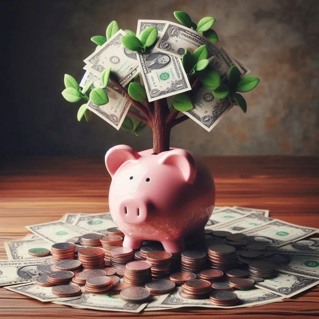 Alcancía de la que crece un árbol con billetes, como símbolo del interés compuesto