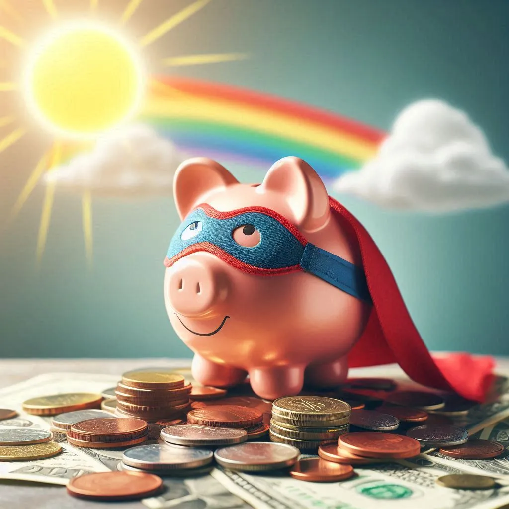 Alcancía con capa y antifaz de superhéroe sobre una pila de monedas, con un arcoíris de fondo