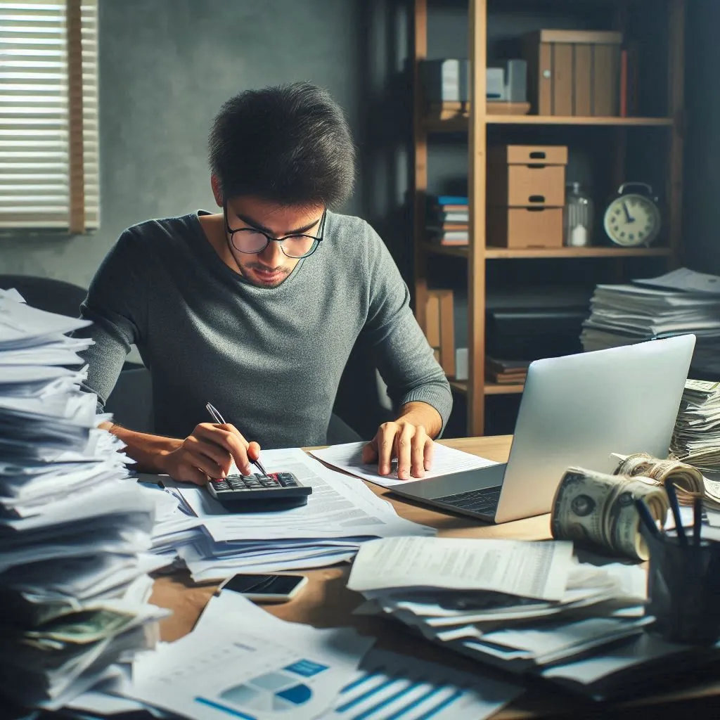 Hombre revisando facturas con una calculadora, rodeado de pilas de papeles en su escritorio