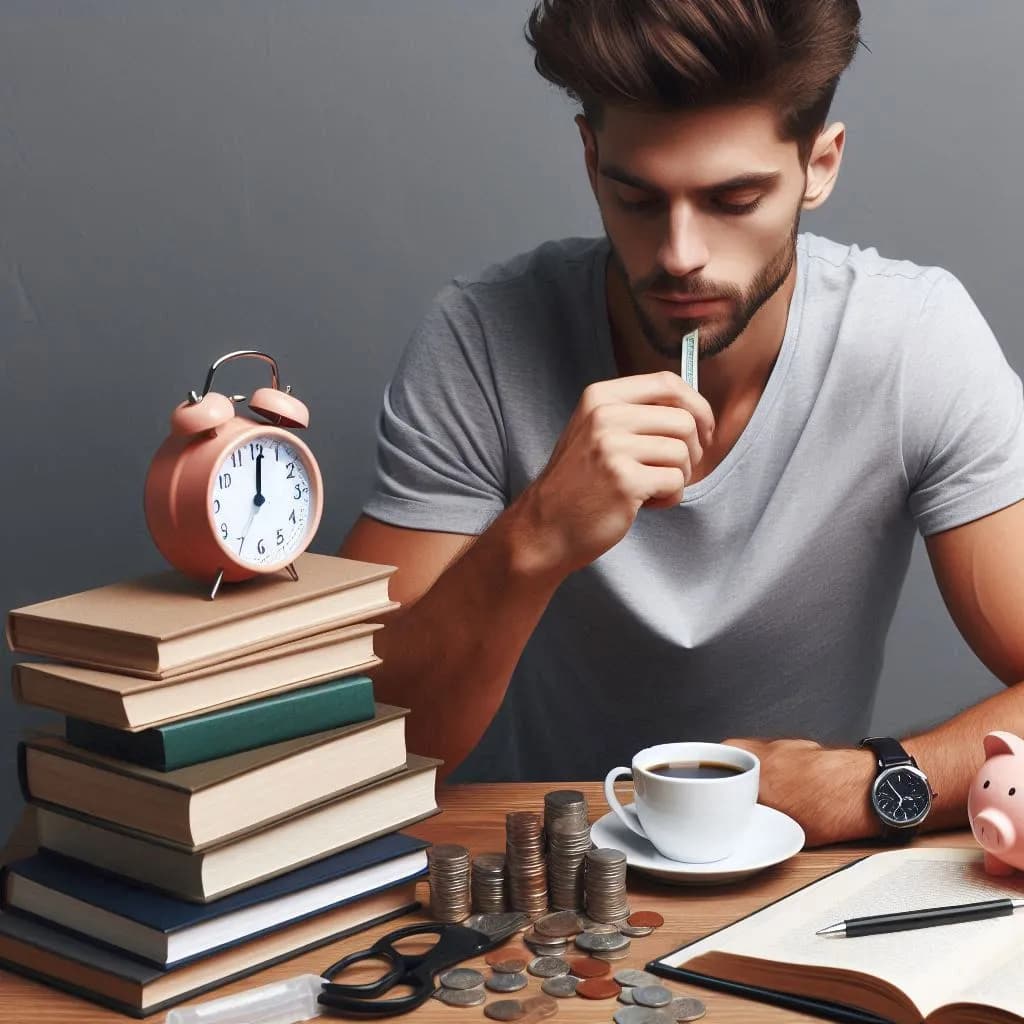 Hombre pensativo con una pluma en la mano, junto a un reloj despertador sobre una pila de libros, monedas y una taza de café