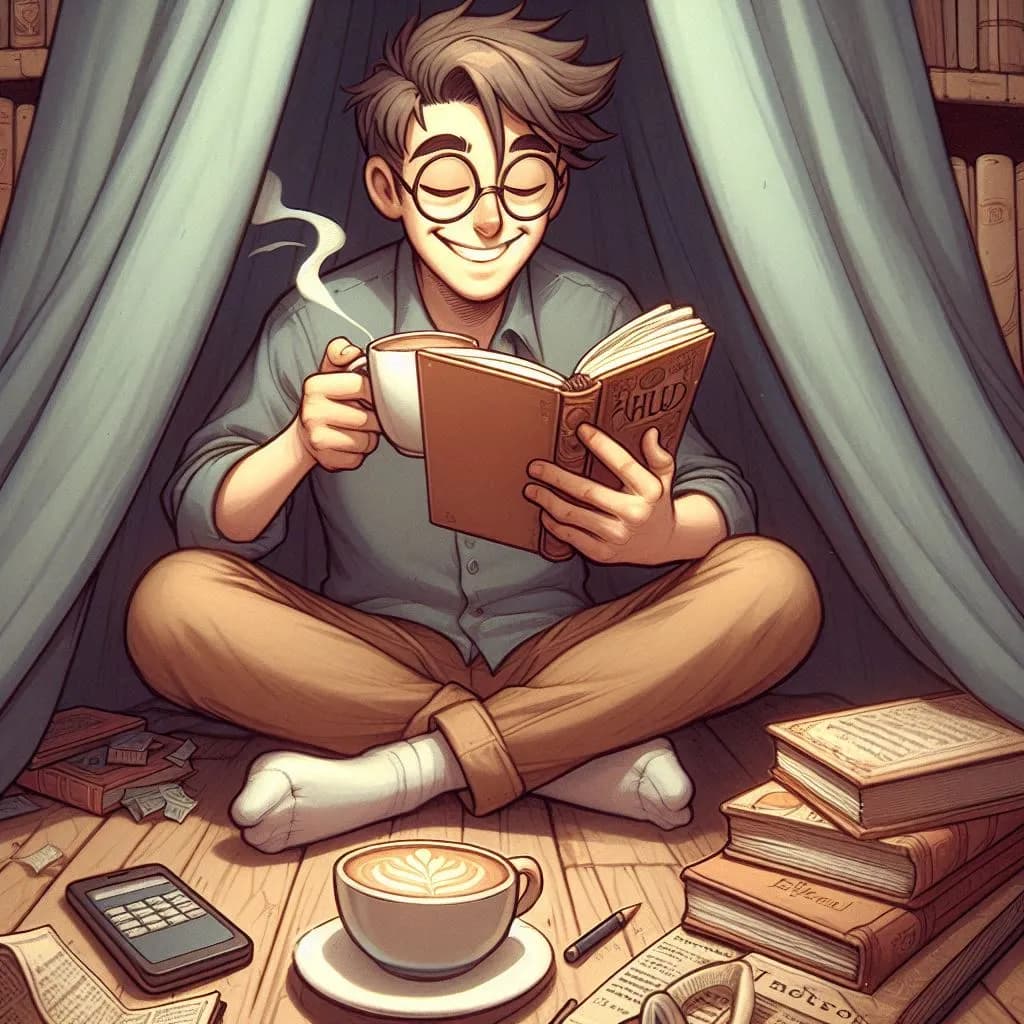 Ilustración de una persona sentada en el piso, envuelta entre cortinas, leyendo un libro con una taza de café
