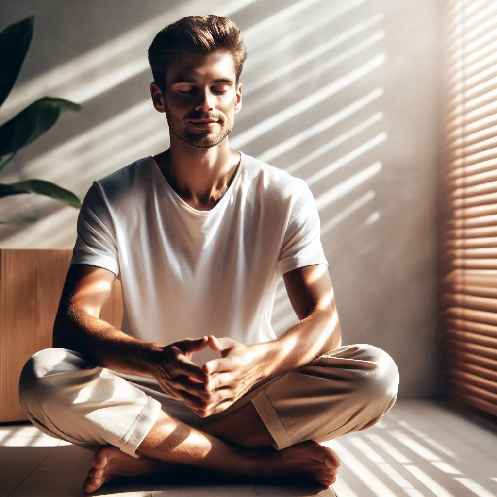 Hombre sentado en el piso meditando, como parte del cuidado emocional durante la recuperación